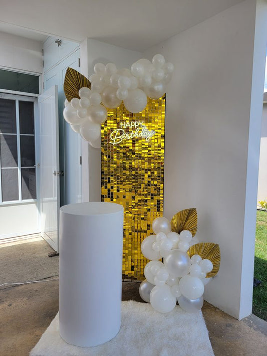 Gold Shimmer Wall Setup with Gold Artificial Leaves, Balloon White and Pearl White with LED Acrylic 'Happy Birthday' - Perfect for any Celebration