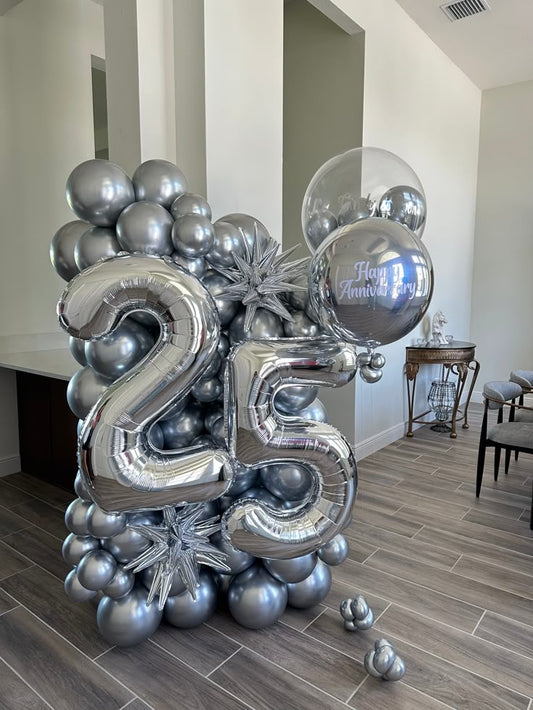 Platform Silver Numbers '25' with Latex Silver with Starburst Foil accents and Personalised Clear with Mini Latex and Orbs with Customize Sticker – Customizable Design