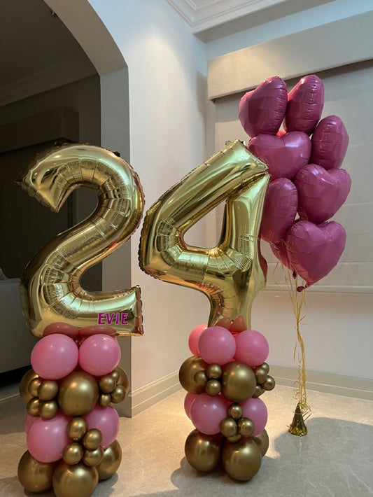 40-inch Numbers '24' Balloon on Stand Pink and Gold and Bunch Helium Balloons Heart-Shaped with Strings - Customizable for Any Celebration