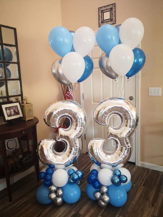 40-inch Numbers '33' Balloon on Stand and Bunch Helium Balloons Colors Blue, Chrome Blue, White and Silver with Strings - Customizable for Any Celebration
