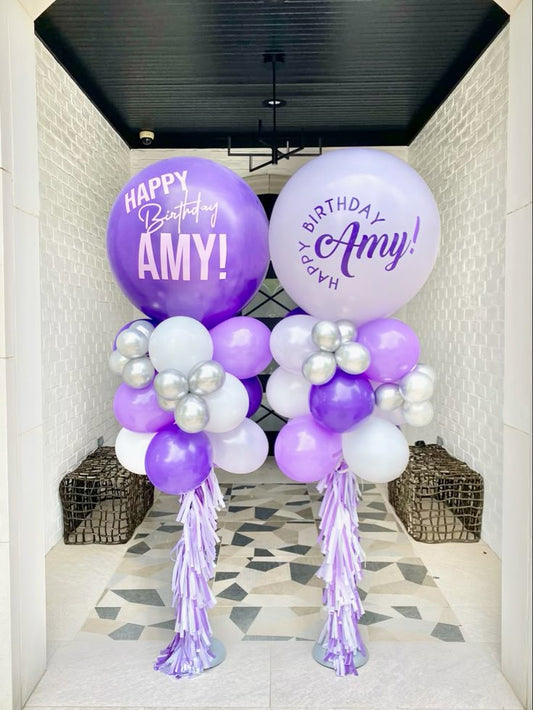 Personalised Pillar/Column/Tower Balloons White, Purple and Silver with Customize Sticker and Tassels - Birthday, Corporate Event, Grand Opening, Company Event Perfect for special occasion!