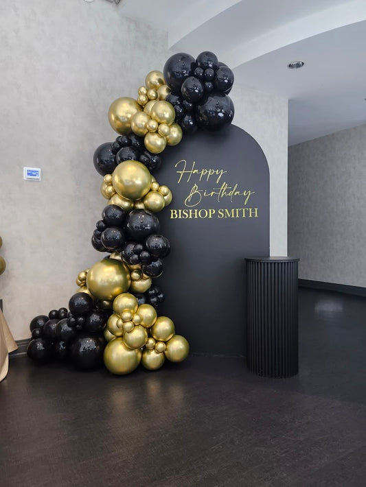 Customizable Board Backdrop with Balloons Black and Gold - Perfect for any celebration!