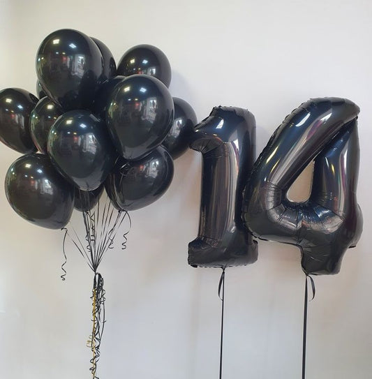 Helium Balloons Two Number Set Black '14' with Latex Black Bunch - Perfect for any Occasions!