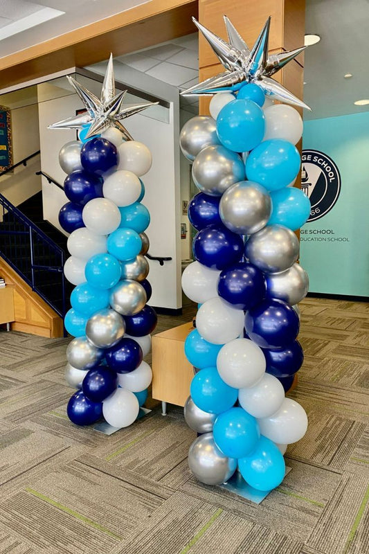 Balloon Blue, White and Silver with Starburst on top Pillar/Column/Tower - Corporate Event, Grand Opening, Company Event Perfect for special occasion!