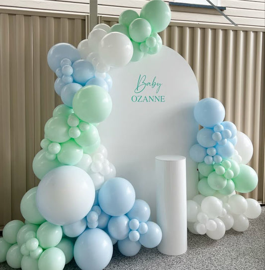 Customize Backdrop with Organic Balloon Garland Arrangement White, Blue and Mint Green with White Cylinder Cake Stand - Perfect for special occasion