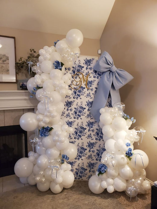Customizable Board Backdrop with Balloons White, Pearl White, Clear with Artificial Flowers and Customize Big Ribbons - Perfect for any celebration!