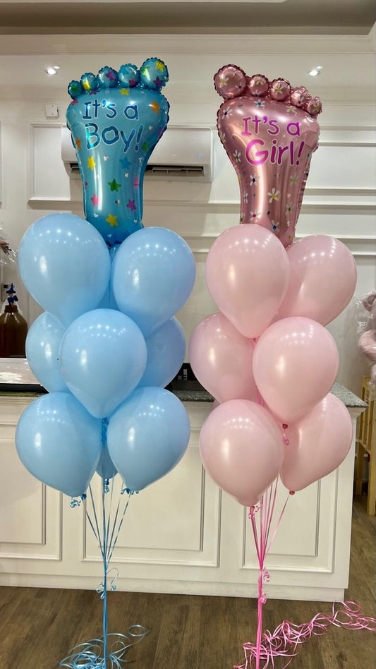 Gender Reveal Balloon Helium Latex Bunch Blue and Pink with 'It's a Girl' 'It's a Boy' Foil, Blue and Pink Ribbons - Customizable Design