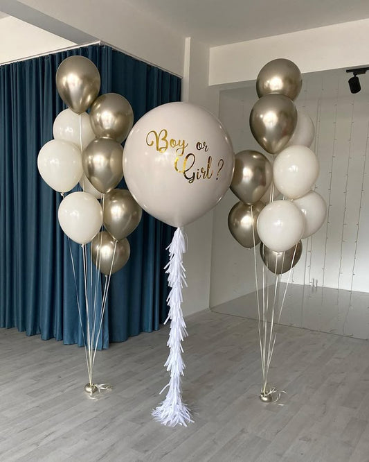 Personalised Gender Reveal Helium Balloon Beige Latex with Customize Sticker, White Tassels and Helium Bunch of Beige and Light Gold - Customizable Design
