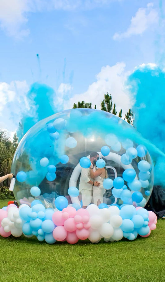 Bubble House Rental 3x2m with Balloon Decor White, Pink and Blue Gender Reveal Celebration!