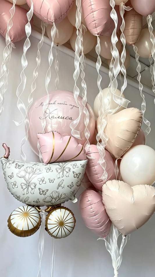 Baby Shower Stroller Green Pink and Gold Big Ribbon Bear Helium Foil Balloon Personalised Baby Pink  Hospital Welcome Home
