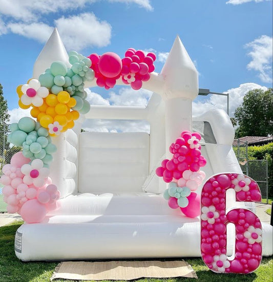Bouncing Castle Rental 4x4m with Pit Balls and Balloon Decor Pink, Mint Green and Yellow with Marquee Number '6' with Balloons - Perfect for Birthday!