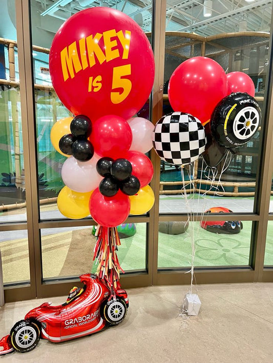 Pillar/Column/Tower Red with Customizable Sticker, Tassels, Latex Yellow, Black, Red and White with Racing Car and Helium Bunch Latex, Circle Checkered and Wheels - Racing Car-Themed Perfect for special occasion!