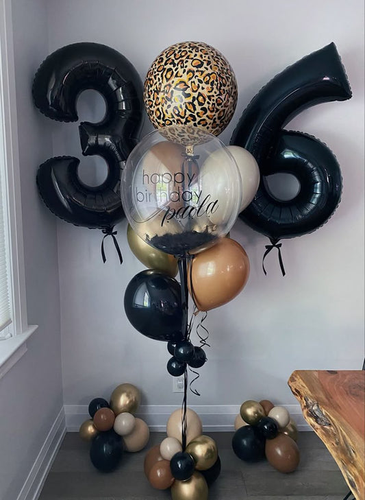 Pesonalised Clear with Feather and Customize Sticker Helium Balloons, Two Number Set Silver '11' and Latex Bunch Brown, Beige, Gold and Black, Leopard Animal Printed Round Foil with Ribbon and Mini Balloons accents - Perfect for any Occasions!