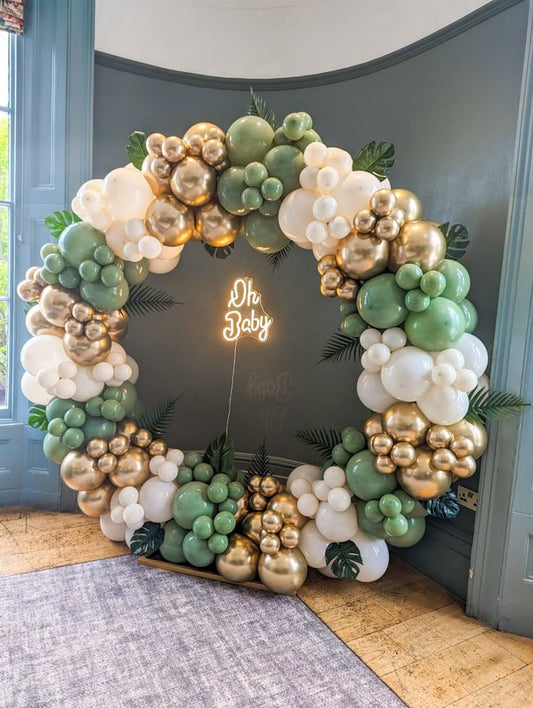 Round Stand Organic Balloon Garland Arrangement Beige, Light Gold and Oliver Green with LED Acrylic 'Oh Baby' and Artificial Leaves - Perfect for special occasion