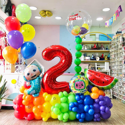 Platform Red Number '2' with Latex Blue, Green, Orange, Yellow, Purple, Red with Cocomelon and Designed Rainbow Balloons accents and Personalised Clear with Mini Latex with Customized Sticker and Helium Latex Bunch – Cocomelon-Themed Customizable Design