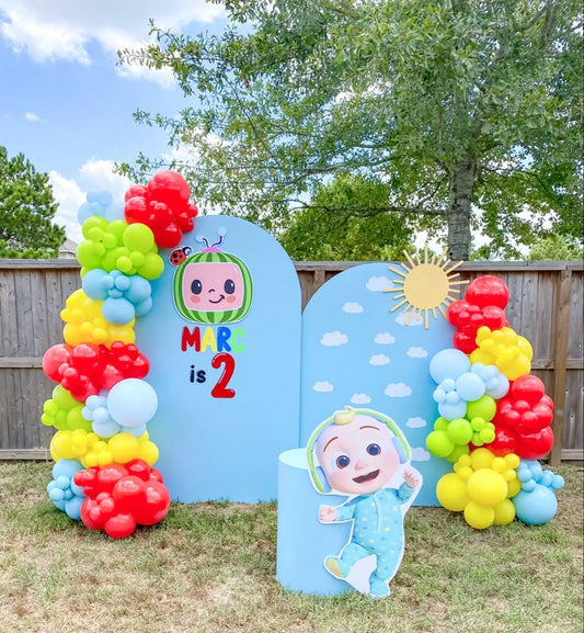 Cocomelon-Themed Board Backdrop with Balloon Blue, Yellow, Green and Purple with Cocomelon Characters Standee - Cocomelon-Themed Perfect for special occasions