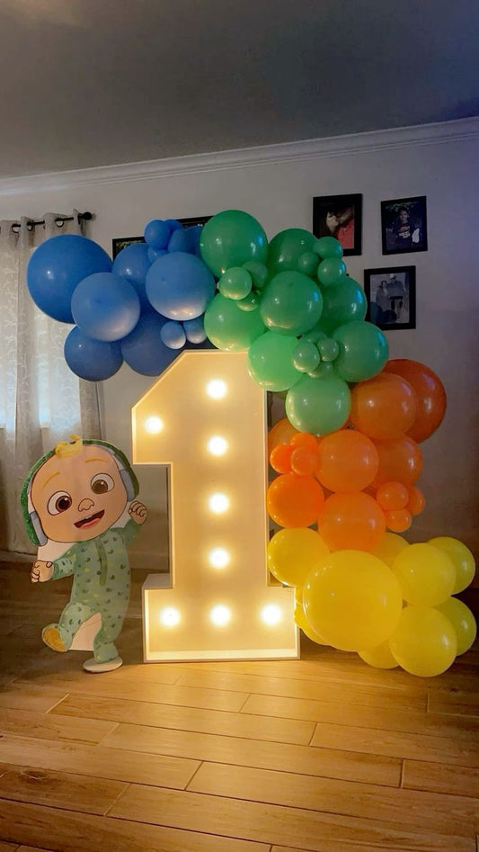 LED Marquee Number '1' with Organic Balloon Arrangement Blue, Green, Orange and Yellow with Cocomelon JJ Cutouts Standee - Perfect for special occasion