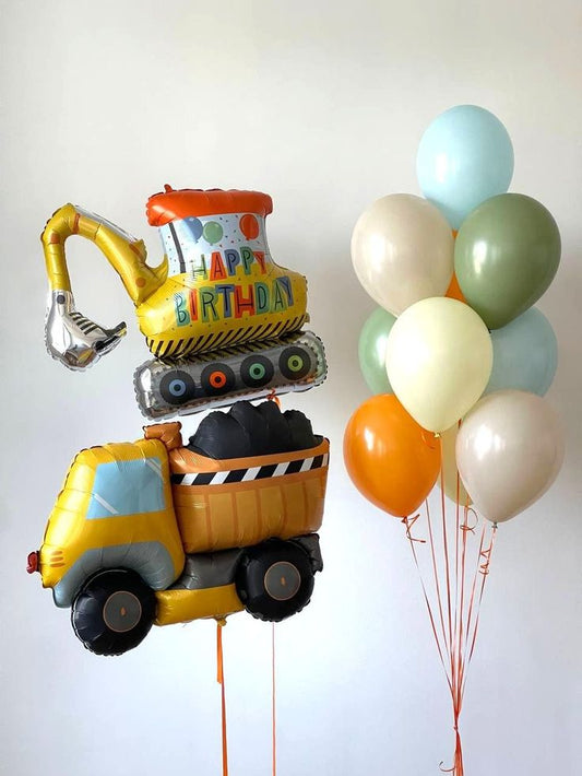 Helium Balloons Latex Bunch Blue, Beige, Orange, Green and Yellow with Foil Truck Balloon - Perfect for any Occasions!
