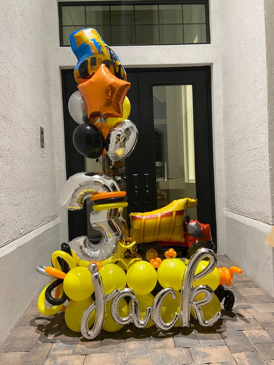 Platform Black Number '3' with Latex Black, Orange and Yellow, Truck Foil, Letter Balloons and Helium Bunch Silver Circle, Orange Heart and Latex - Perfect for special occasions!