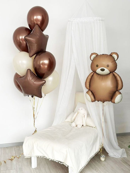 Brown Star-Shaped with Brown and Dust White Latex Bunch and Brown Bear Helium - Baby Shower, Bear-Themed Perfect for any Occasions