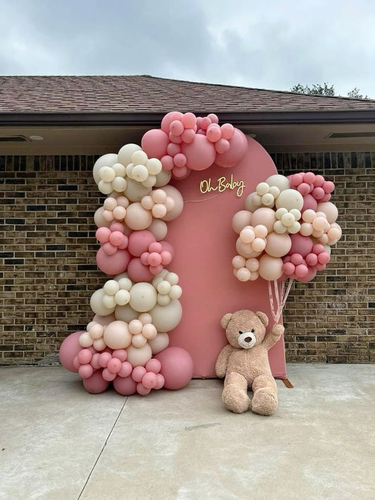 Customizable Board Backdrop with Customize LED Acrylic 'Oh Baby', Balloon Beige and Pink with Big Teddy Bear - Birthday, Baby Shower Perfect for special occasion