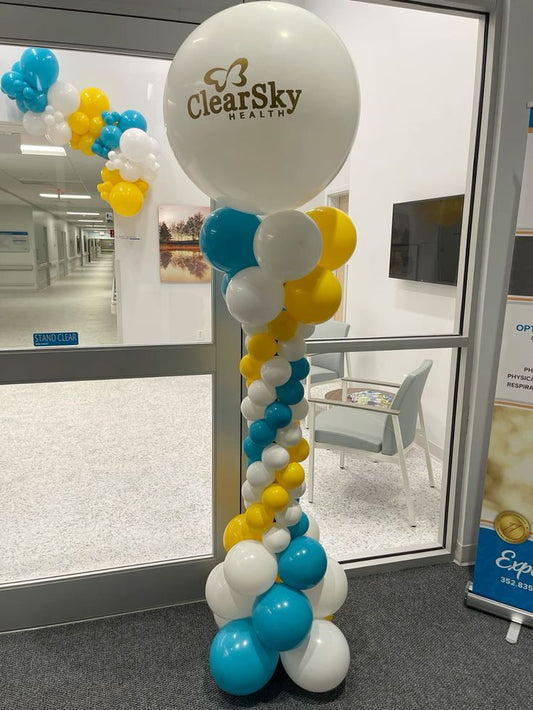Personalised Company Logo Sticker Balloon Blue, Yellow and White Pillar/Column/Tower - Corporate Event, Grand Opening, Company Event Perfect for special occasion!
