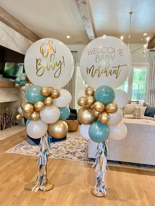 Personalised Pillar/Column/Tower Balloons White, Green and Light Gold with Customize Sticker and Tassels - Birthday, Corporate Event, Grand Opening, Company Event Perfect for special occasion!