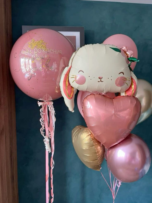 Personalised Clear with Pink Latex and Customize Sticker, Rabbit and Heart-Shaped Pink and Gold Latex Helium Pink, Chrome Pink and Light Gold - Rabbit-Themed Fairy-Themed Garden-Themed Perfect for any Occasions