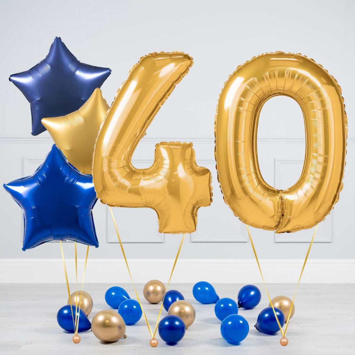 Helium Gold Two Number Set Balloon - Dark Blue, Blue and Gold Stars with Mini Balloons