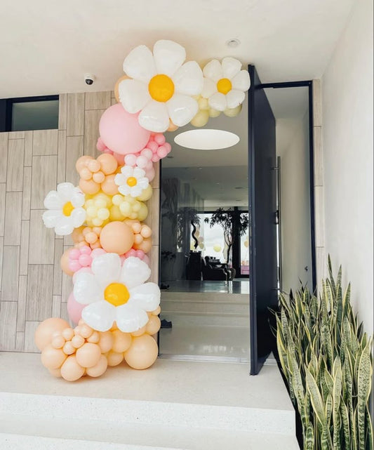 Balloon Half Arch Peach, Pink and Yellow with Flower accents Organic Arrangement - Fairy-Themed Garden-Themed Perfect for special occasion!
