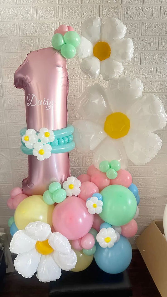 Platform Pink Number '1' with Customize Sticker, Flowers, Latex Mint Green, Pink, Yellow and Blue - Fairy-Themed Garden-Themed Perfect for any Occasions