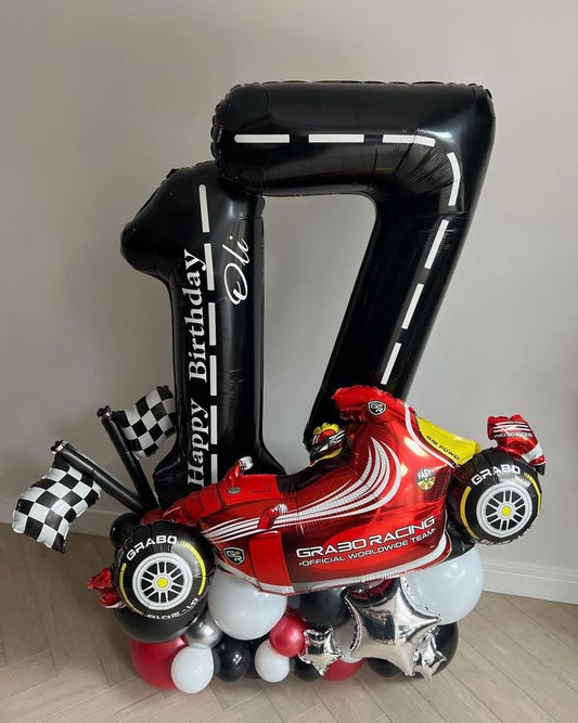 Platform Black Numbers '17' with Sticker, Latex Red, Blue and Black, Checkered Flag, Silver Star and Racing Car - Racing Car-Themed Perfect for special occasions!