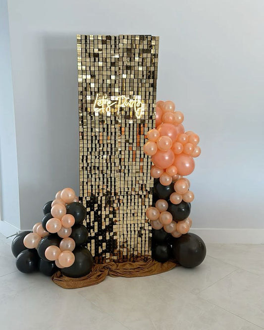 Gold Shimmer Wall Setup with Balloon Black and Peach , LED Acrylic 'Let's Party' - Perfect for any Celebration