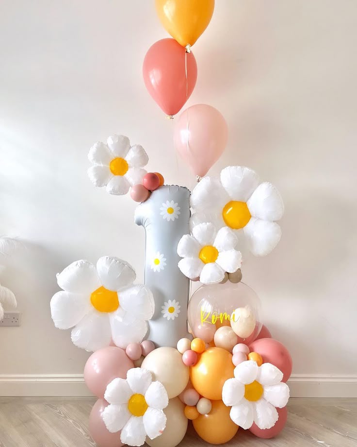 Platform Blue Number '1' with Clear Customize Sticker, Flowers, Latex Peach, Pink and Yellow- Fairy-Themed Garden-Themed Perfect for any Occasions