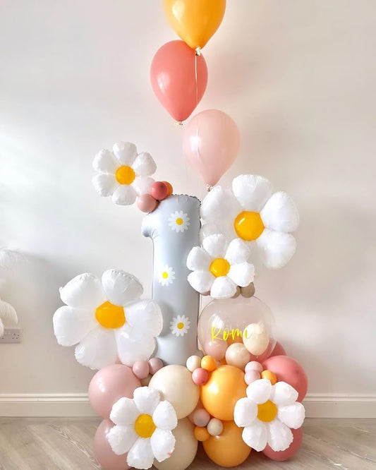 Platform Blue Number '1' with Clear Customize Sticker, Flowers, Latex Peach, Pink and Yellow- Fairy-Themed Garden-Themed Perfect for any Occasions