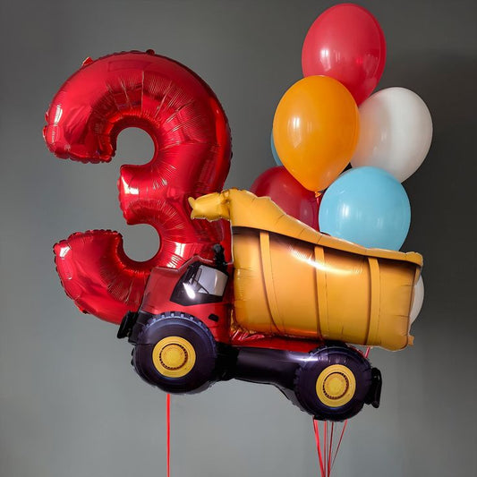 Helium Balloons Single Number Set Red '3' and Latex Bunch Orange, Red, White and Blue with Foil Truck Balloon - Perfect for any Occasions!