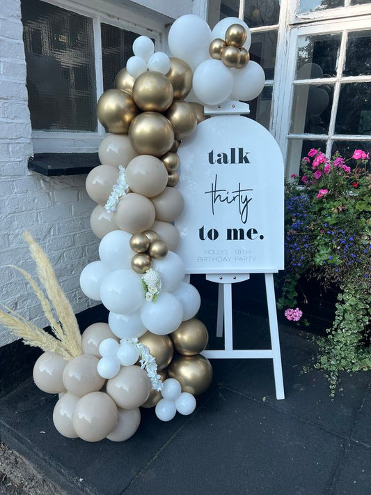 Customizable Arch KT Board with Wooden Stand Welcome Board, Organic Balloon Light Gold, White and Beige Chain Arrangement with Artificial Flowers - Perfect for any occasions!