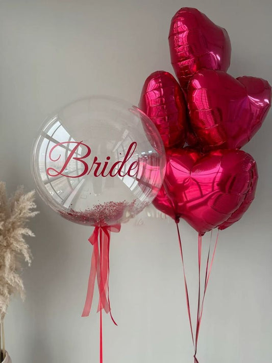 Personalised Helium Balloons Clear with Glitters and Customize Sticker and Red Heart-Shaped Helium Foil Bunch - Bride To Be, Perfect for any Occasions