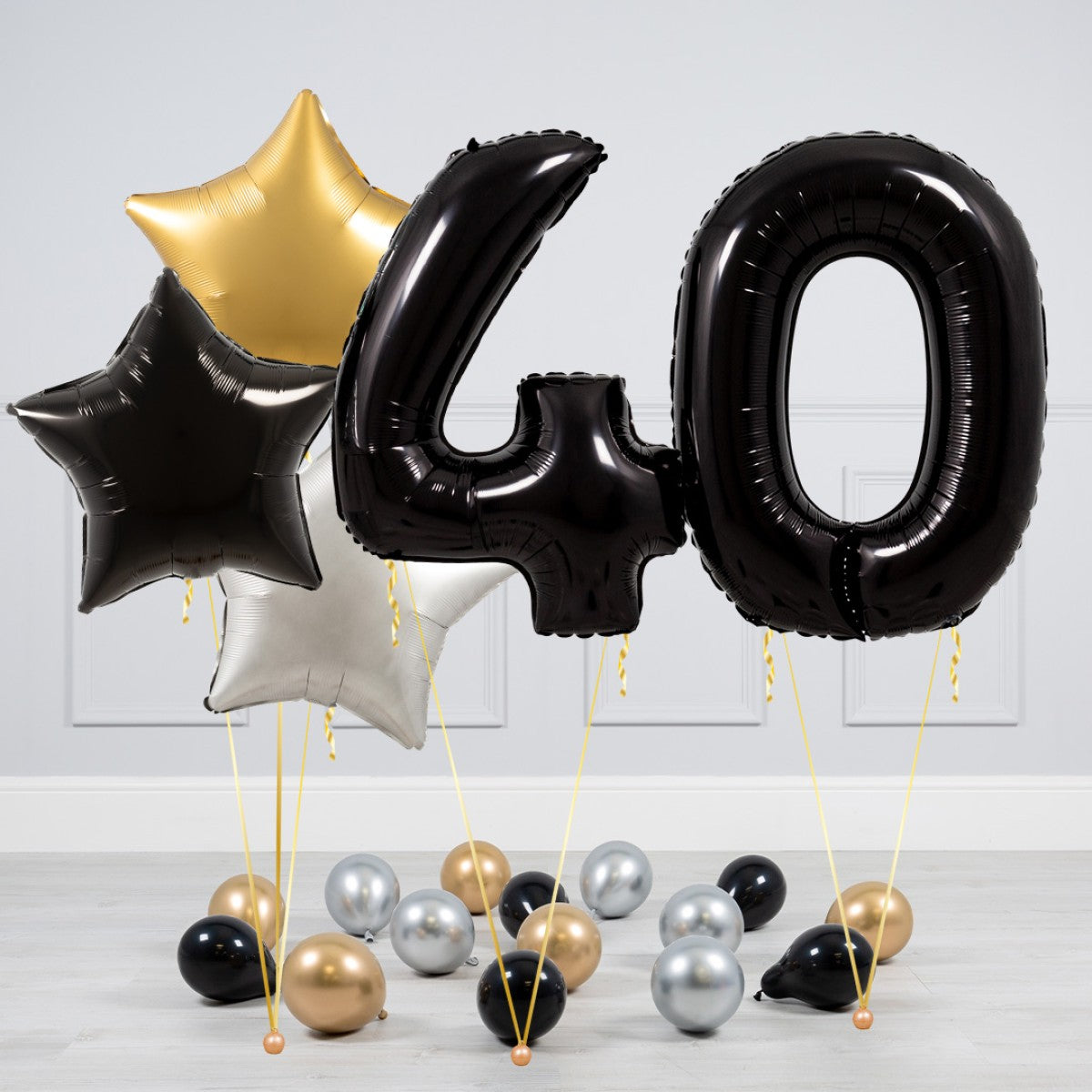 Helium Black Two Number Set Balloon - Gold, Black and White Stars with Mini Balloons