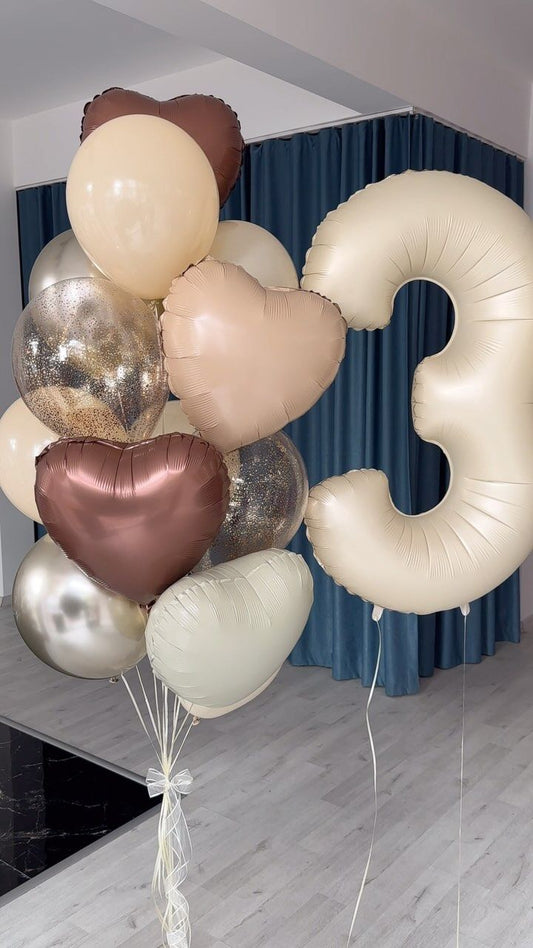 Helium Balloons Single Number Set Beige '3' and Latex Bunch Beige, Light Gold, Clear with Glitters and Heart-Shaped Brown and Beige Foil with Ribbons - Perfect for any Occasions!