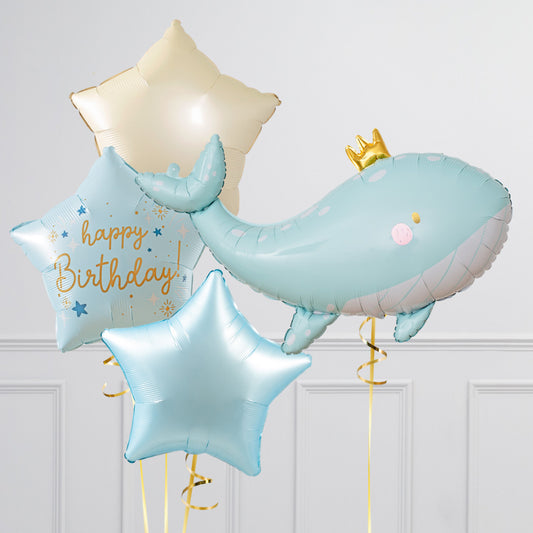 Helium Foil Balloons Star Beige and Blue with "Happy Birthday" and Blue Whale  - Under The Sea-Themed Perfect for special occasions!