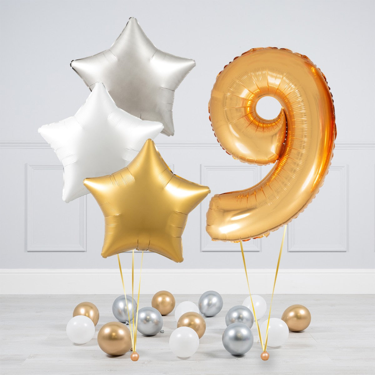 Helium Gold Single Number Set Balloon - Silver, White and Gold Stars with Mini Balloons