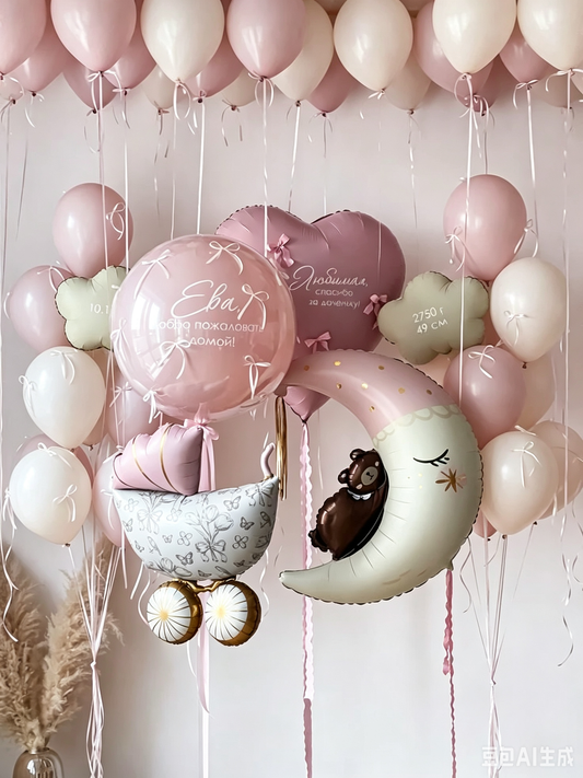 Baby Shower Stroller Green Pink and Gold Big Ribbon Bear Helium Foil Balloon Personalised Baby Pink Hospital Welcome Home