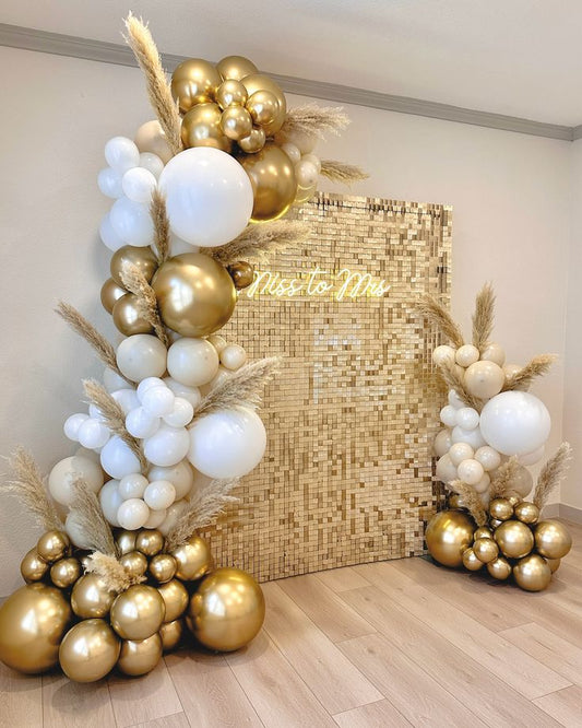 Gold Shimmer Wall Setup with Balloon White, Gold, Beige with Artificial Flowers Boho-Themed, LED Acrylic "miss to mrs" - Perfect for any Celebration