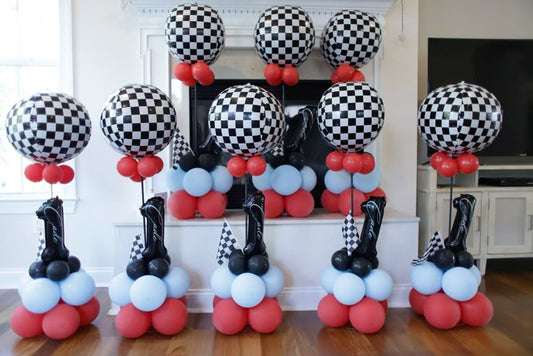 Pillar/Column/Tower Round Checkered, Black Number '1' with Sticker, Checkered Flag with Latex Red and Blue - Racing Car-Themed Perfect for special occasion!