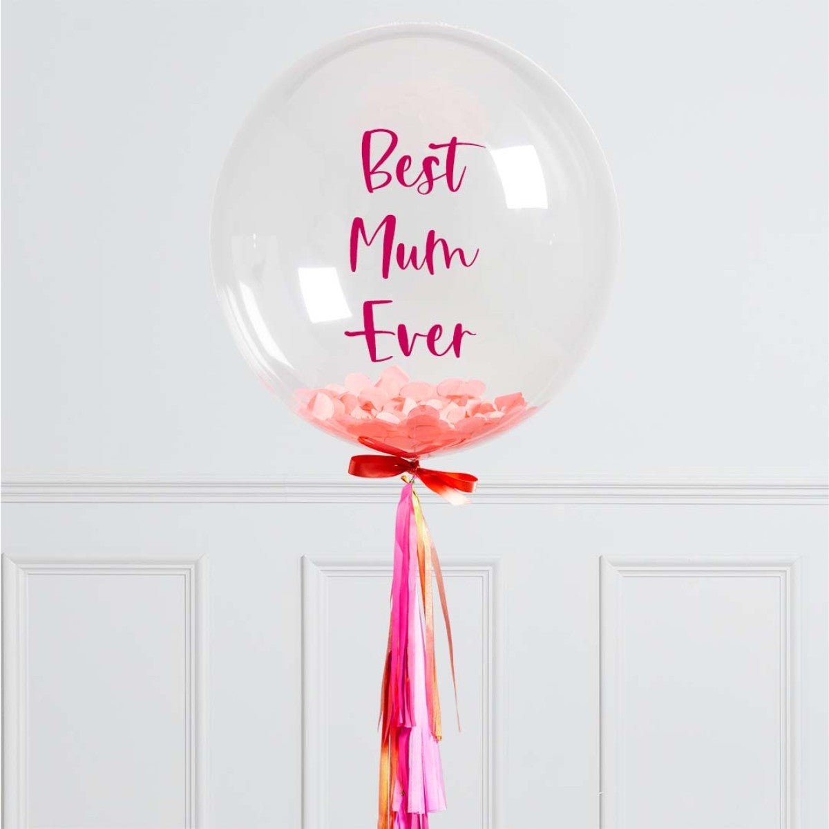 Personalised Helium Balloon Bright Pink Tassel Mother’s Day Best Mom Confetti Helium Bubble Balloon Elevate Your Celebration with Our Stunning Helium Bubble Balloon Bouquet