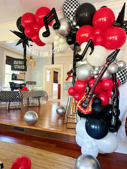 Balloon Chain Black, White, Red, Silver and Black Music Notes, Checkered Circle and Starburst accents - Perfect for special occasion!