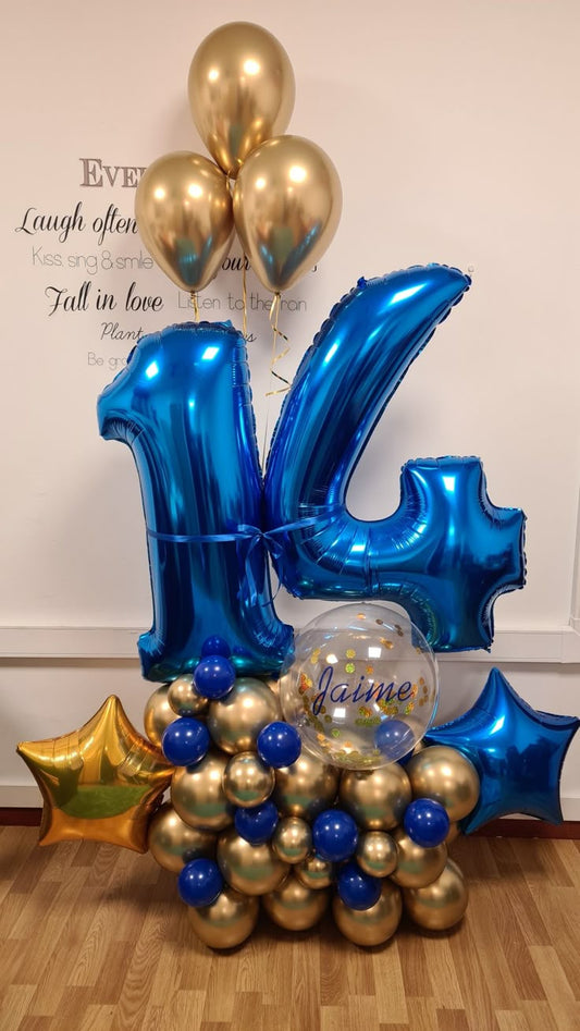 Platform Blue Numbers '14' with Latex Clear with Customize Sticker, Blue and Gold with Star Foil accents and Helium Latex Bunch – Customizable Design