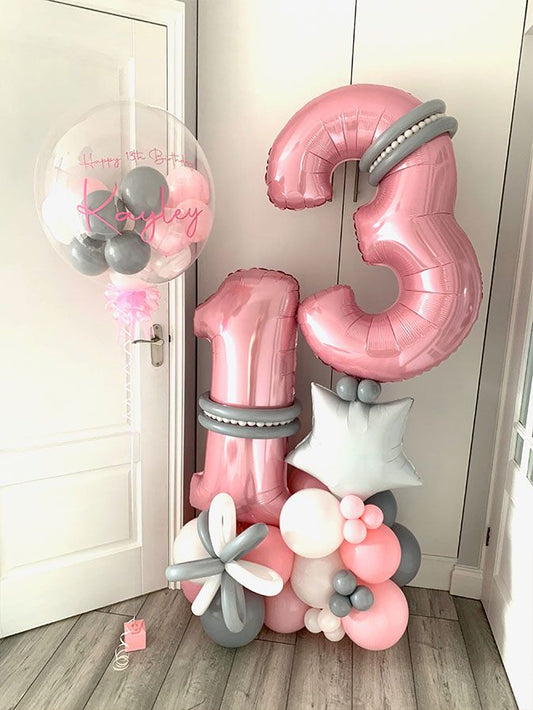 Platform Pink Numbers '13' with Latex White, Gray, Pink and Star accents, Personalised Clear with Sticker, Mini Latex and Ribbons Helium Bunch – Customizable Design