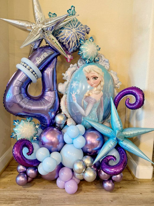 Chrome Purple, Blue and Silver Platform Number '4' with Elsa, Snowflakes and Starburst accents - Frozen-Theme Perfect for any celebration